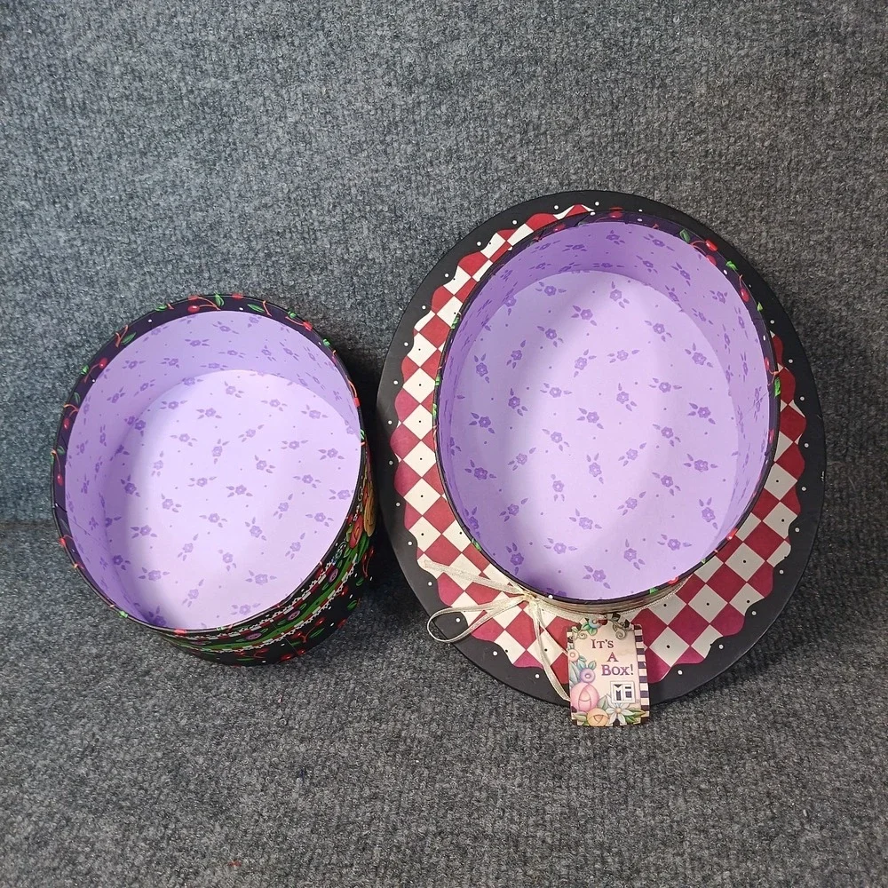 Mary Engelbreit Hat Shaped Gift Box Black Red Cherry Floral Storage